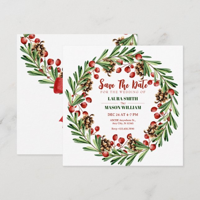 Save The Date couronne de Noël pour mariage (Devant / Derrière)