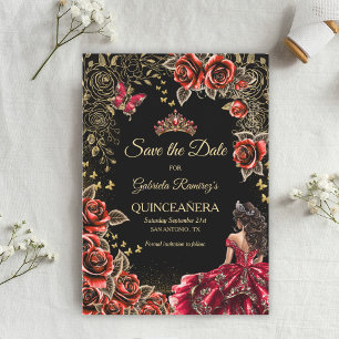 Save The Date Couronne de Tiara Dorée Rouge et Noire Roses Quin