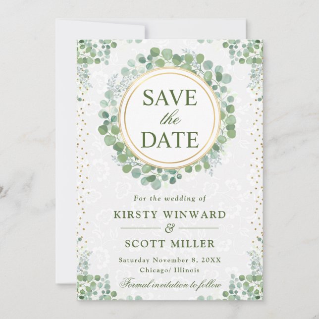 Save The Date Couronne de verdure d'eucalyptus à l'aquarelle pou (Devant)