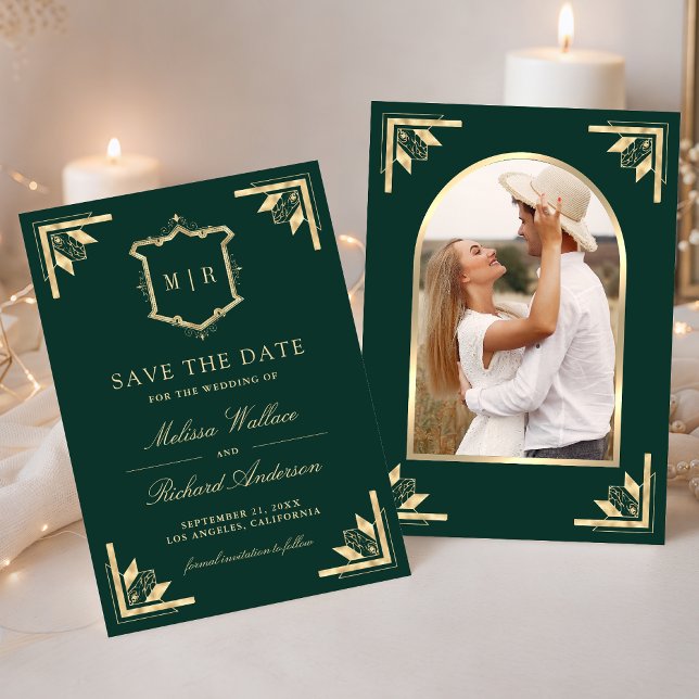 Save The Date Couronne dorée Photo Monogramme Vert Emeraude Mari (Créateur téléchargé)