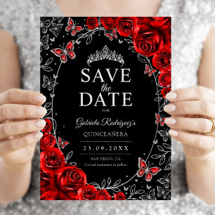 Save The Date Couronne Fleurale de Quinceanera Rouge Argent Noir