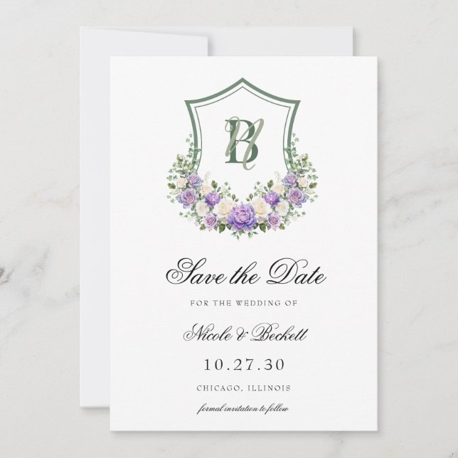 Save The Date Couronne Fleurie Blanche Violette Mariage Couronne (Devant)