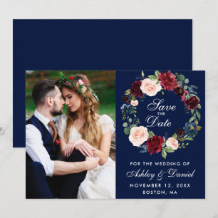 Save The Date Couronne florale aquarelle bleue Bourgogne mariage