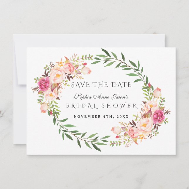 Save The Date Couronne florale aquarelle rose pour mariage (Devant)