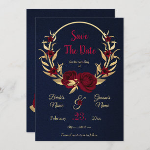 Save The Date couronne florale bordeaux & or bleu marine