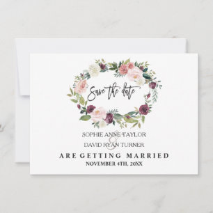 Save The Date Couronne florale bordeaux rose mariage bleu marine
