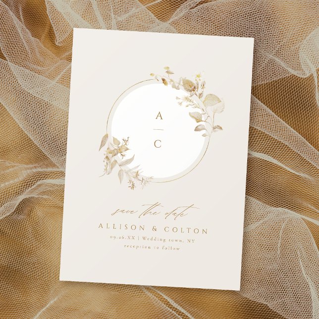 Save The Date Couronne florale botanique dorée élégante avec mon (Elegant Gold Botanical Floral Wreath Monogram Save The Date)