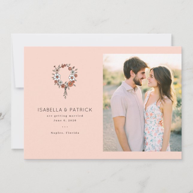Save The Date Couronne florale romantique pêche (Devant)
