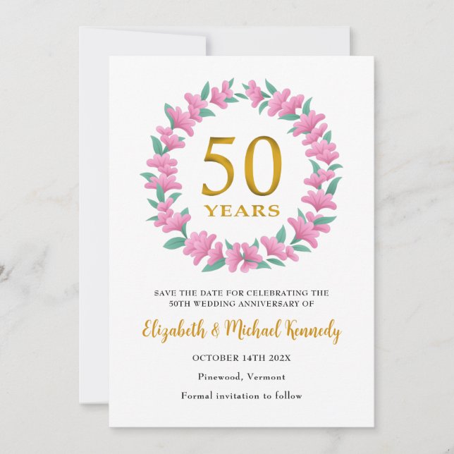 Save The Date Couronne florale rose pour le 50e anniversaire de  (Devant)