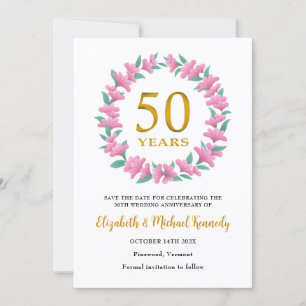 Save The Date Couronne florale rose pour le 50e anniversaire de