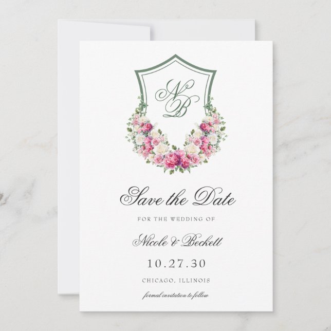 Save The Date Couronne florale rose pour mariage (Devant)