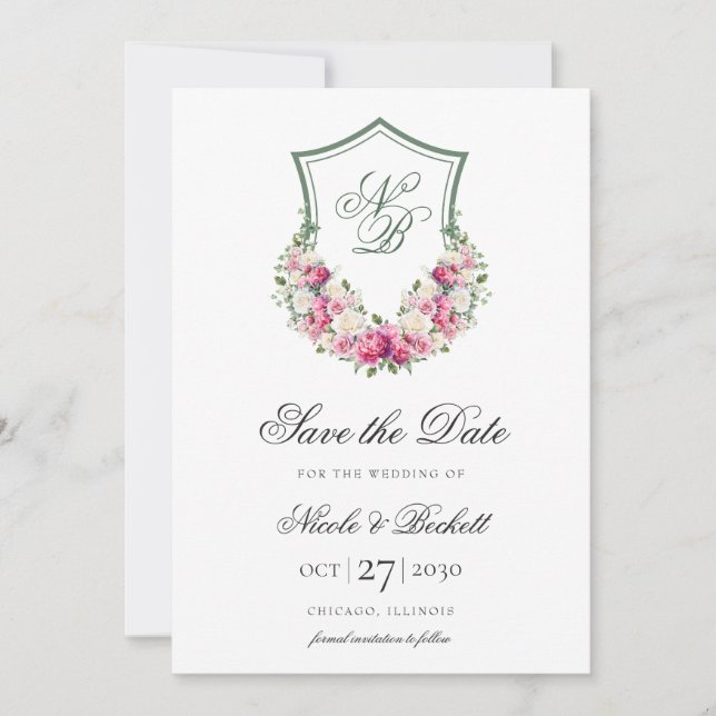 Save The Date Couronne florale rose pour mariage (Devant)