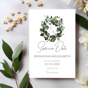 Save The Date Couronne Monogramme Eucalyptus moderne   BLANCHE