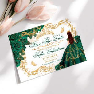 Save The Date Couronne royale émeraude verte en or pour Quinceañ