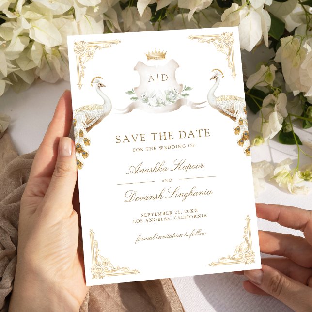 Save The Date Couronne Royale Mariage Indien Paon Blanc (Créateur téléchargé)