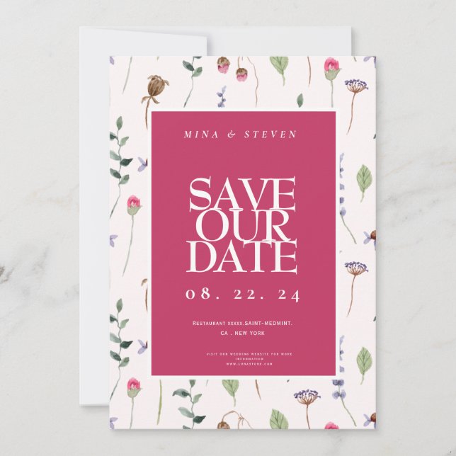 Save The Date Couronne simple de fleurs sauvages roses (Devant)