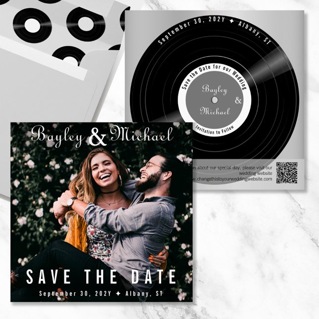 Save The Date Couverture d'album photo avec vinyle Enregistrer l (Vinyl record album cover and record save the date in gray)