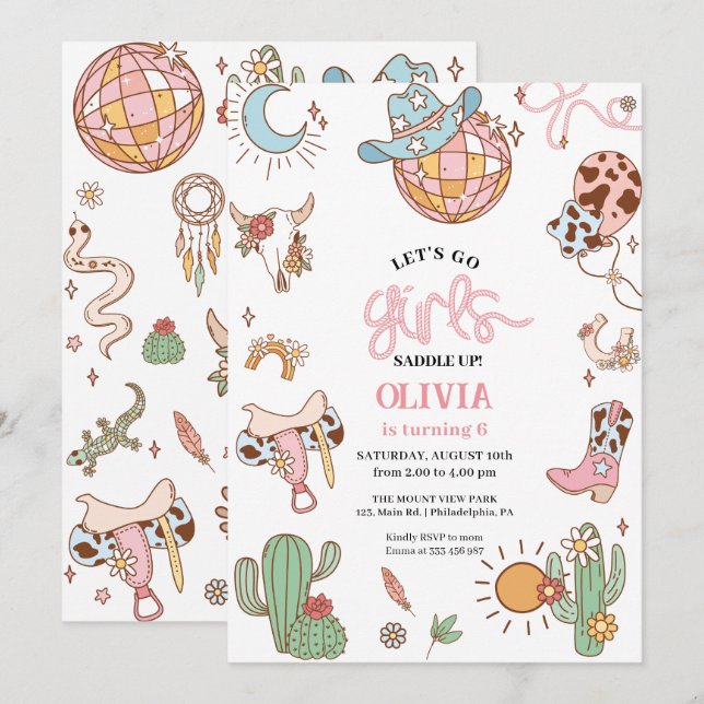 Save The Date Cowgirl 6e anniversaire Allons fille Disco (Devant / Derrière)
