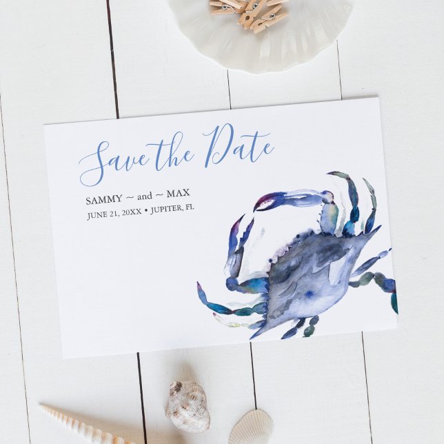 Save The Date Crabe d'aquarelle bleue Enregistrer la date (Non photo wedding save the date invitations watercolor blue crab art by Victoria Grigaliunas)
