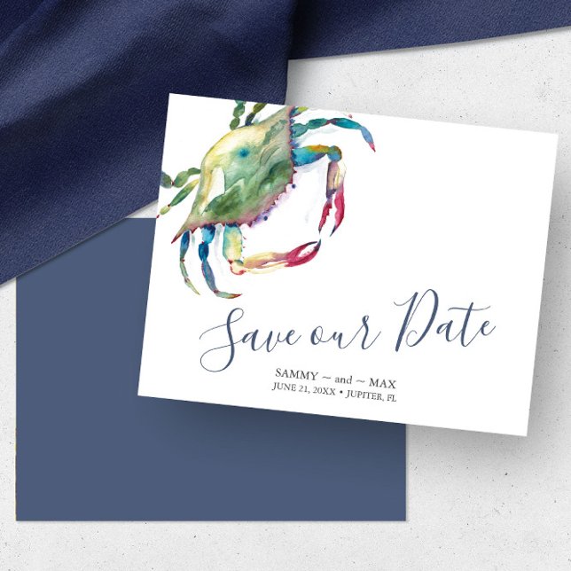 Save The Date Crabe d'aquarelle du bord de mer Enregistrer la da (Beach wedding save the date card features watercolor blue crab art by Victoria Grigaliunas)