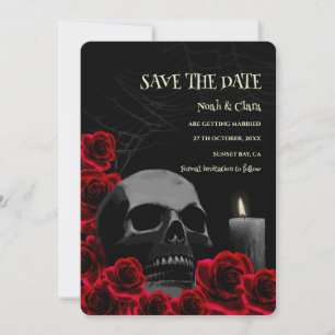 Save The Date Crâne gothique noir rouge foncé et Halloween Rose