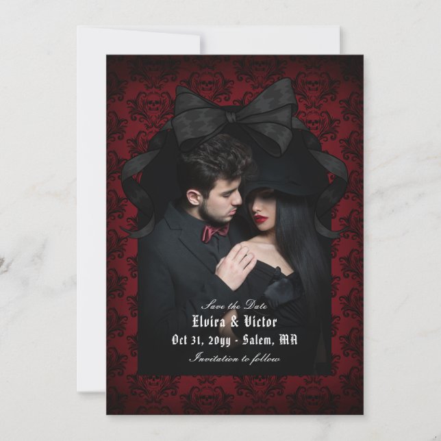Save The Date Crâne Rouge Damas Noir Nœud Gothique Mariage (Devant)