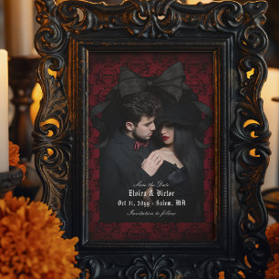 Save The Date Crâne Rouge Damassé Nœud Noir Goth Mariage