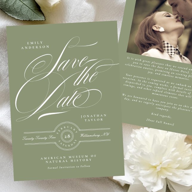 Save The Date Cravate noire classique Sage Green Calligraphie Ph (Créateur téléchargé)