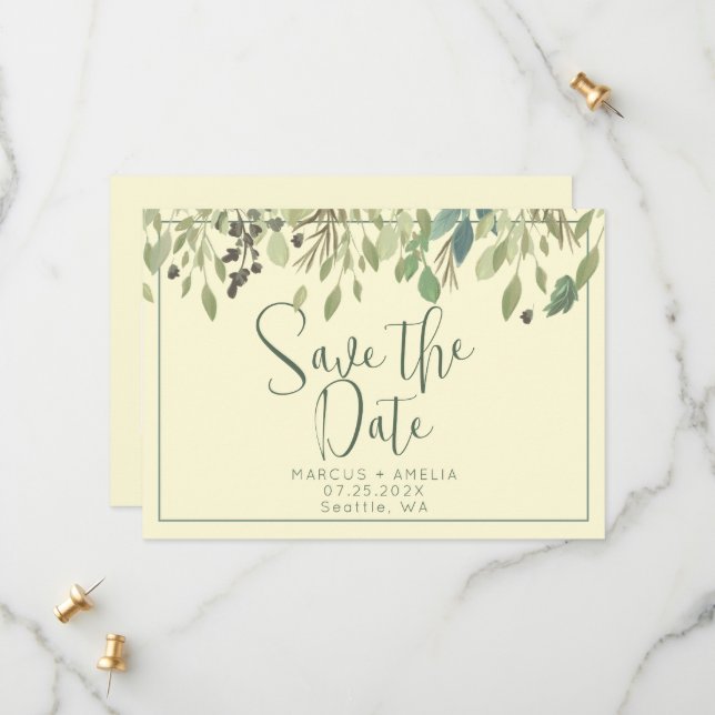 Save The Date Cream & Eucalyptus Enregistrer La Date QR Code (Devant/Arrière en situation)