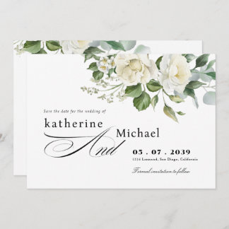 Save The Date CreamyFloral Eucalyptus Script Calligraphy Wedding