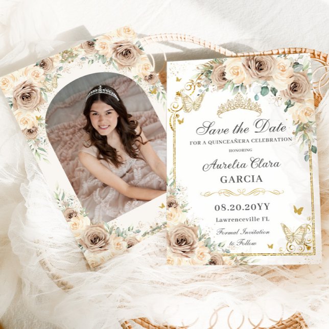 Save The Date Crème de champagne Floral Sweet 16 Quinceañera Pho (Créateur téléchargé)