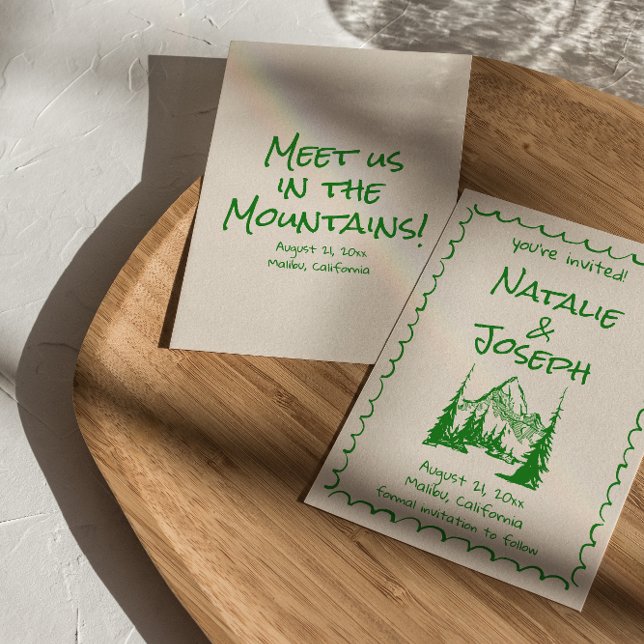Save The Date Crème dessinée à la main Green Boho Mountain Maria (Créateur téléchargé)