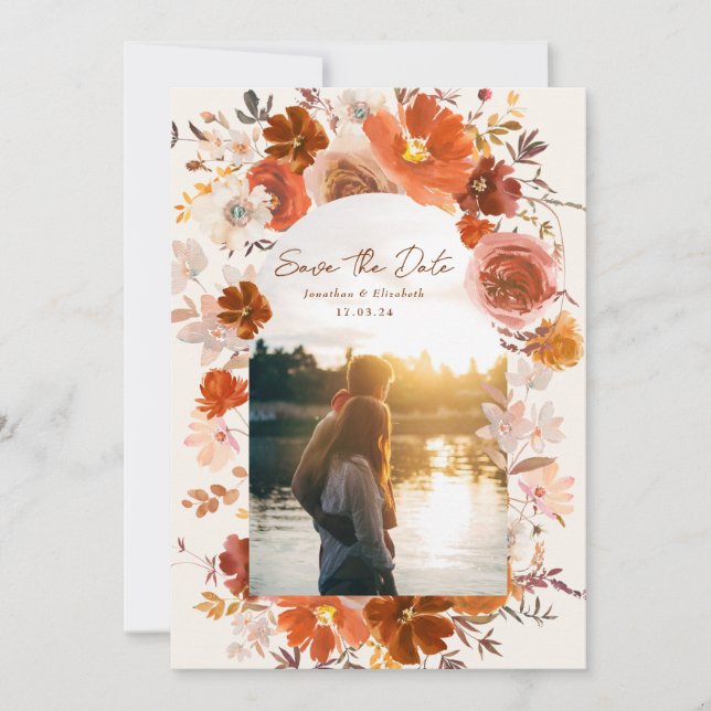 Save The Date Crème en terre cuite Mariage floral Arc Photo (Devant)
