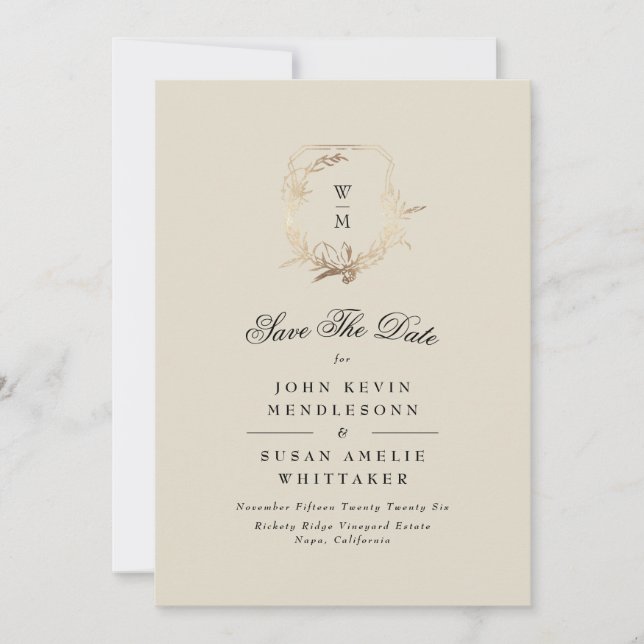 Save The Date Crème formelle Monogramme noir Gold Crest Photo (Devant)