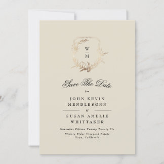 Save The Date Crème formelle Monogramme noir Gold Crest Photo