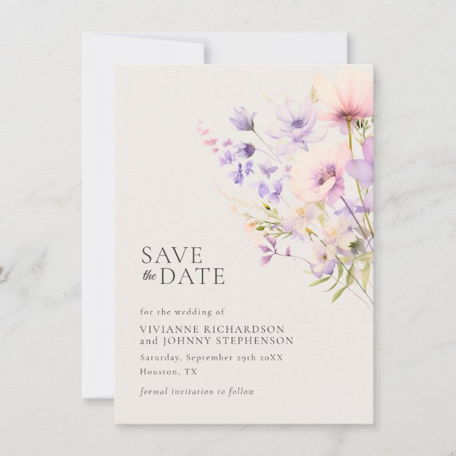 Save The Date Creme Lavender Violet Violet Fleurs sauvages Maria (Devant)