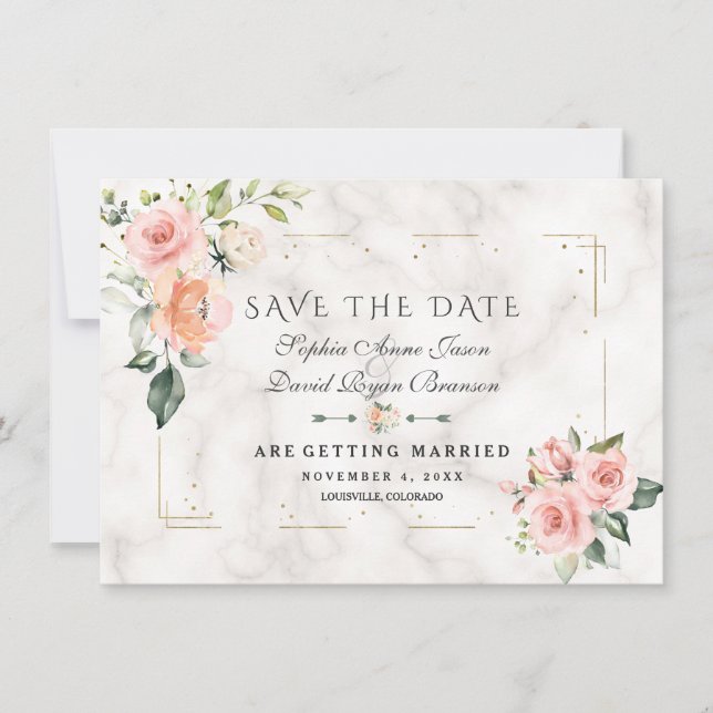 Save The Date Crème Rougeur Floral Pailleté Or Marbre Mariage (Devant)