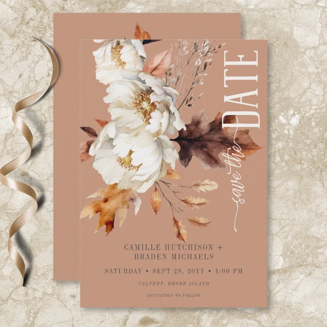Save The Date Crème rouille rustique et Brown automne florale (Rustic Rust Cream & Brown Fall Floral Save The Date)