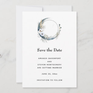 Save The Date Crescent Bleu Lune avec Mariage Fleurs Blanches