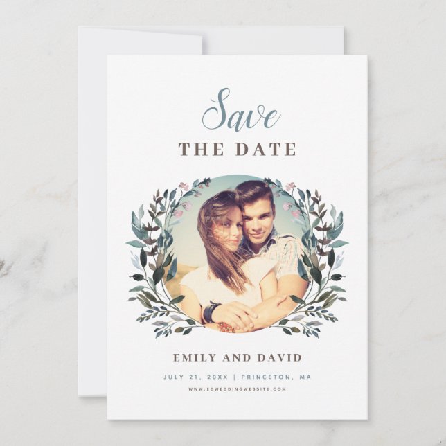 Save The Date Crest jardin | Photo florale Mariage bleu blanc (Devant)