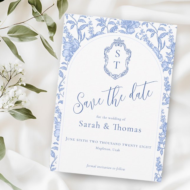 Save The Date Crest Monogram Delft Blue Floral Script (Créateur téléchargé)