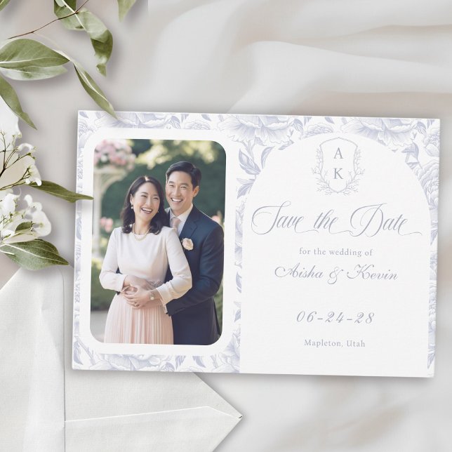 Save The Date Crest Monogram Dusty Blue Script Photo (Créateur téléchargé)