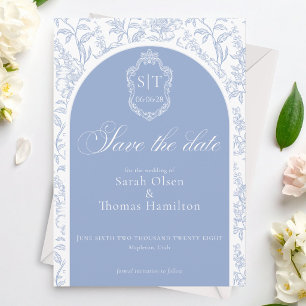 Save The Date Crest Monogramme Bleu Chinoiserie Floral Script
