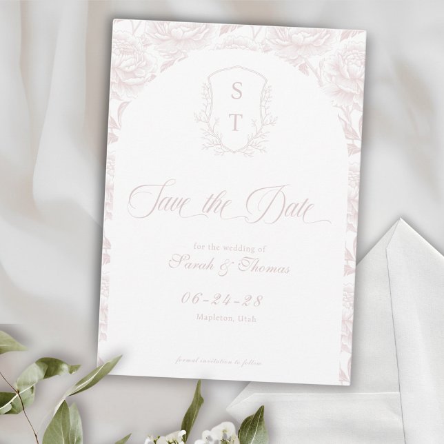 Save The Date Crest Monogramme Blush Pink Script (Crest Save The Date Formal Card blush pink. Wedding classic and timeless)