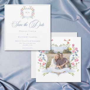 Save The Date Crête de Fleur Sauvage au Pastel Bleu Élégant pour