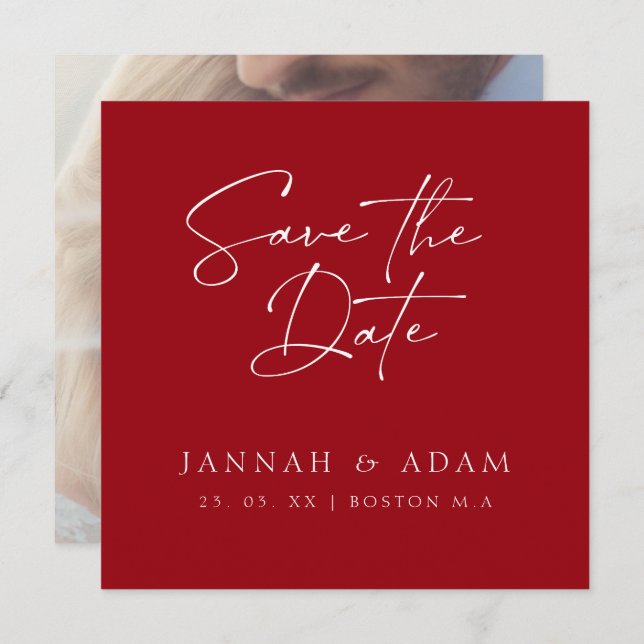 Save The Date Crimson minimal typographie rouge Mariage photo (Devant / Derrière)