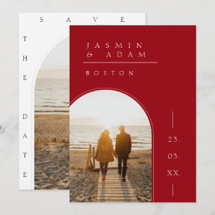 Save The Date Crimson Red White Simple Photo Mariage