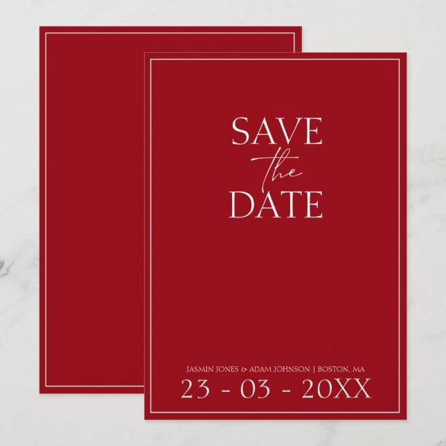 Save The Date Crimson rouge minimal mariage Script Enregistrer l (Devant / Derrière)