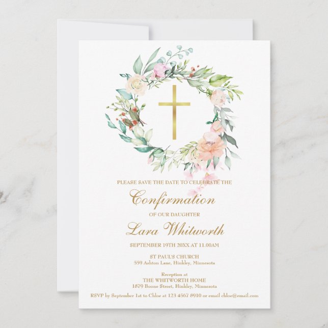 Save The Date Croix dorée Fleurs aquarelle Confirmation (Devant)