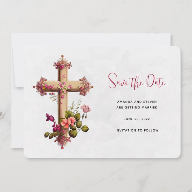 Save The Date Croix élégante aux fleurs roses (Devant)